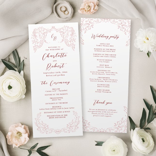 Pink Vintage Flourish Monogram Wedding Program Menu (Pink Vintage Flourish Monogram Wedding Program)