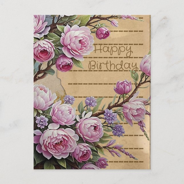 Pink Vintage Flowers Birthday Collage Postcard (Front)