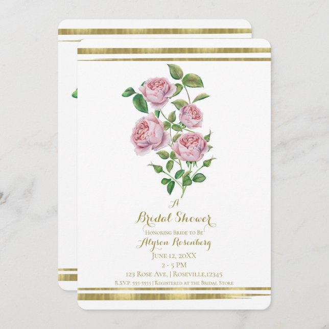 Pink Vintage Flowers Botanical Gold Bridal Shower Invitation (Front/Back)