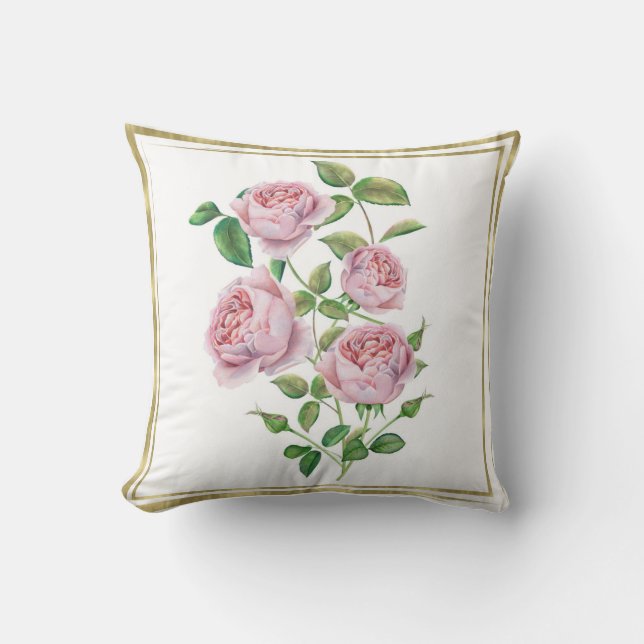 Pink Vintage Flowers Botanical Green Leaves Gold Cushion (Front)