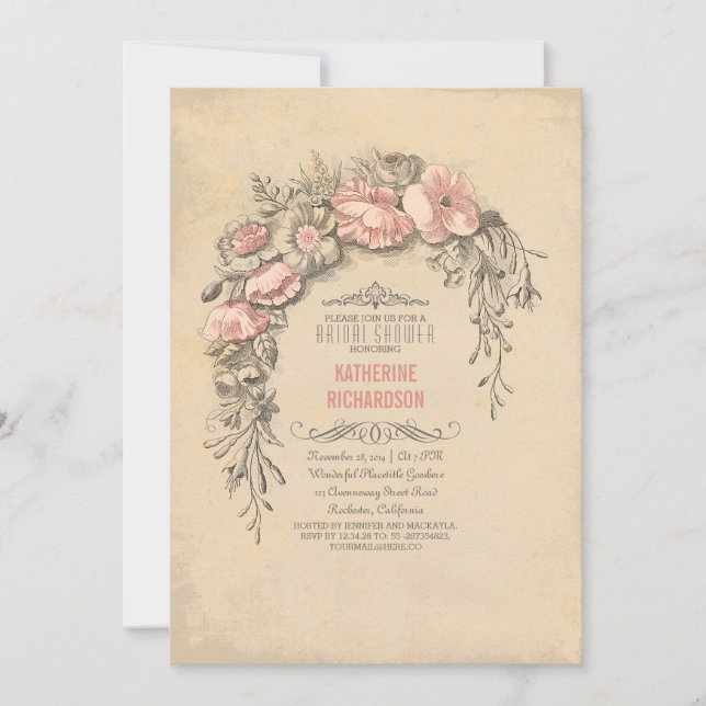 Pink vintage flowers chic old bridal shower invitation (Front)