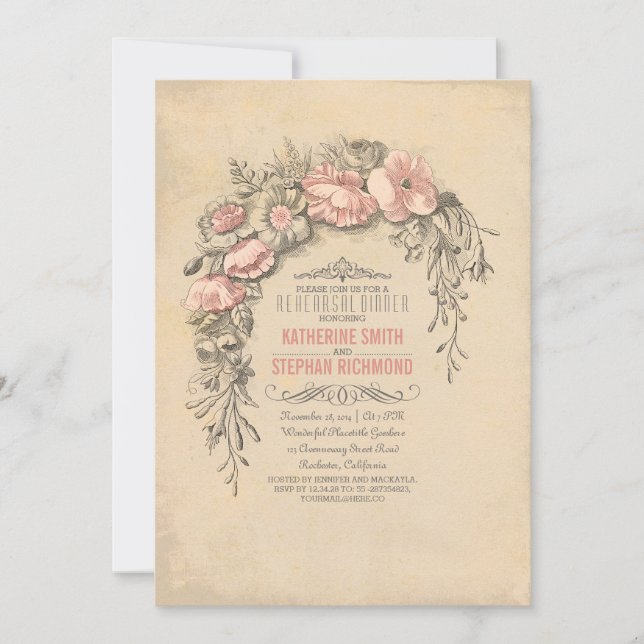 Pink vintage flowers chic old rehearsal dinner invitation (Front)