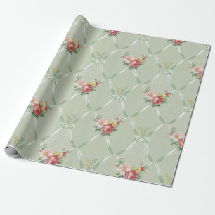 Pink Vintage Flowers on Green Ribbon Trellis Wrapping Paper