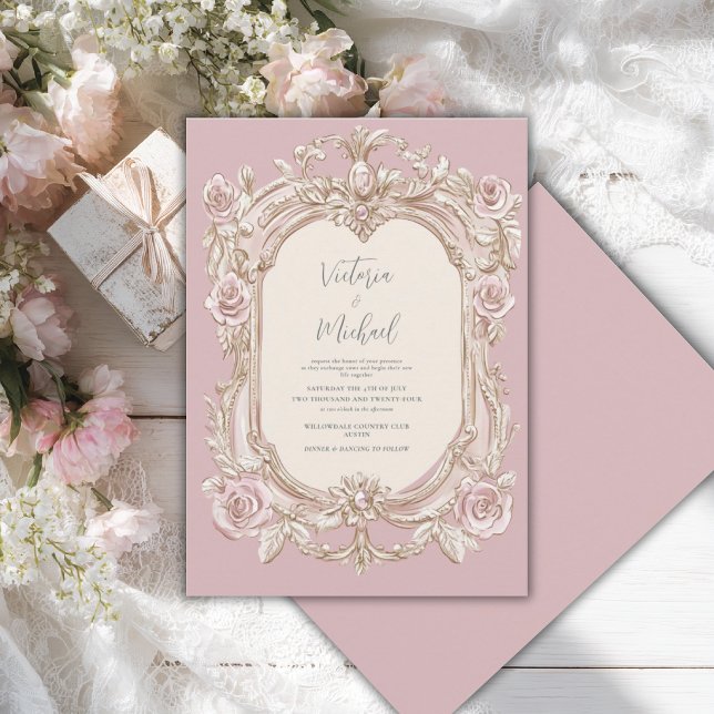 Pink Vintage Frame Elegant Wedding Invitation (Creator Uploaded)