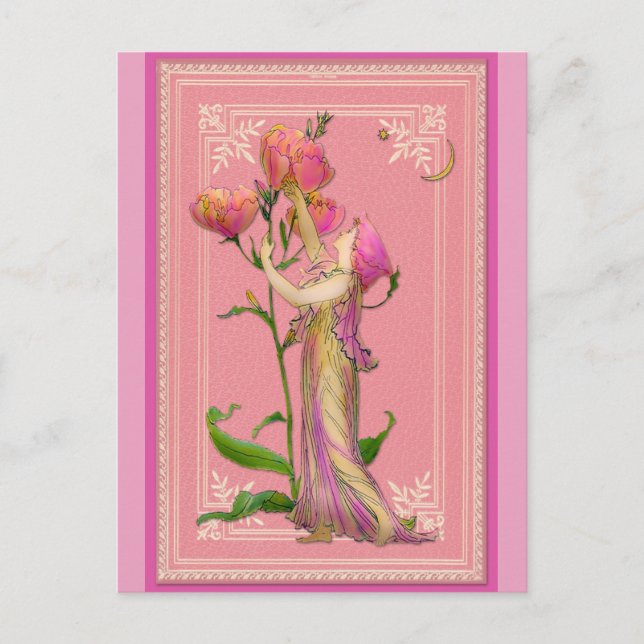 Pink Vintage Garden Fairy Floral Postcard (Front)