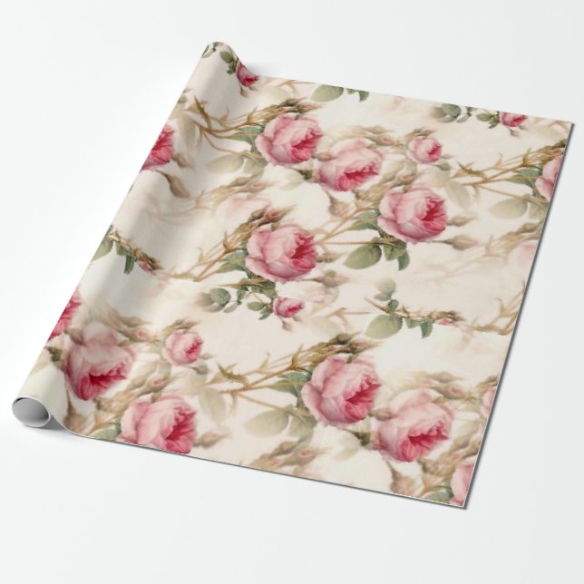 Pink Vintage Garden Roses Wrapping Paper (Unrolled)