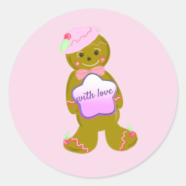 Pink Vintage Gingerbread Man Round Sticker (Front)