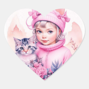 Pink Vintage Girl and Grey Kitten Christmas Heart Sticker