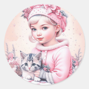 Pink Vintage Girl and Kitten Christmas Classic Round Sticker