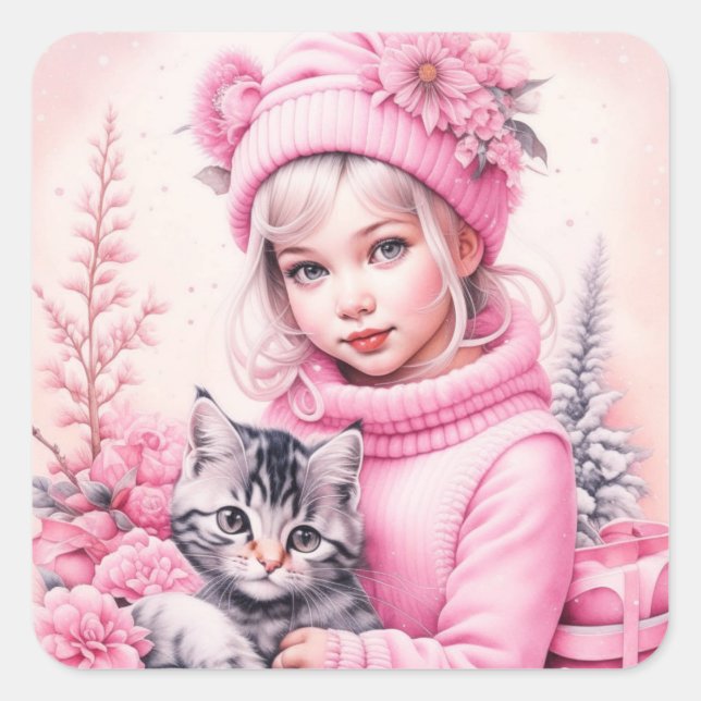 Pink Vintage Girl and Kitten Christmas Square Sticker (Front)