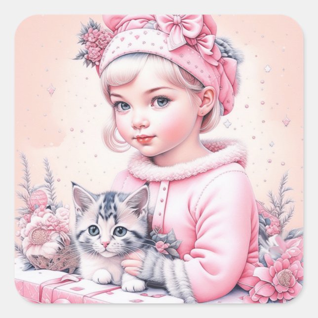 Pink Vintage Girl and Kitten Christmas Square Sticker (Front)