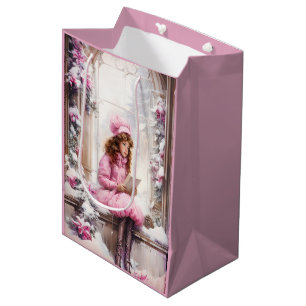 Pink Vintage Girl Reading In A Nook Christmas Medium Gift Bag