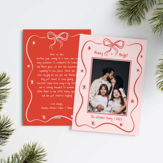 Pink Vintage Hand-Drawn Bow Frame Photo Christmas Holiday Card (Creator Uploaded)