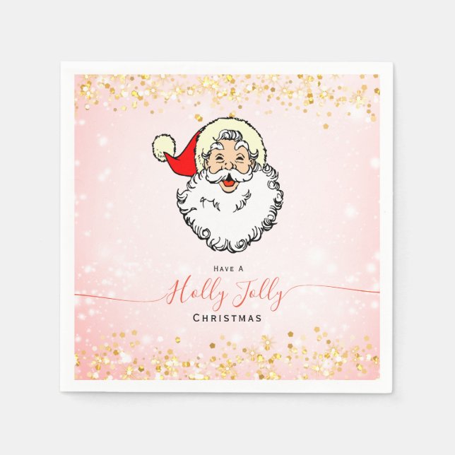 Pink Vintage Jolly Santa Smiling Face Christmas Napkin (Front)