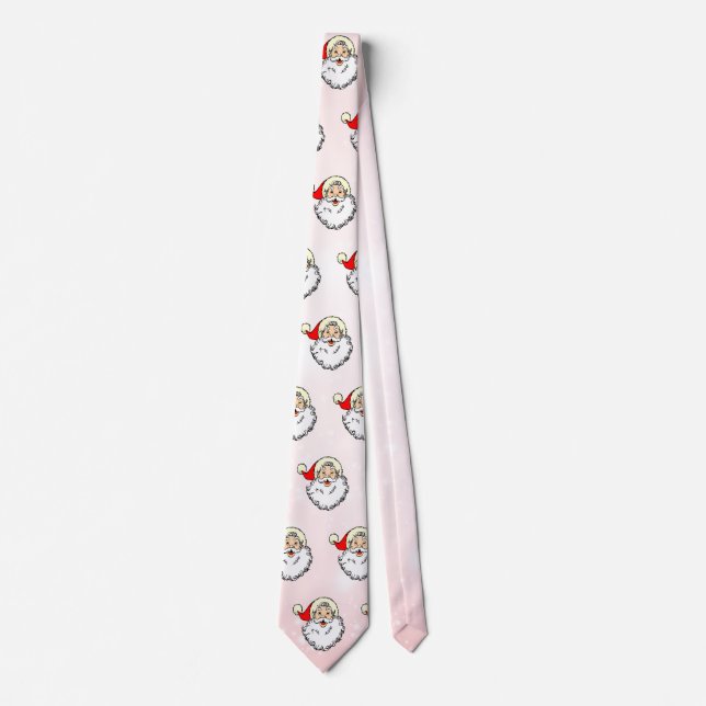 Pink Vintage Jolly Santa Smiling Face Christmas Tie (Front)