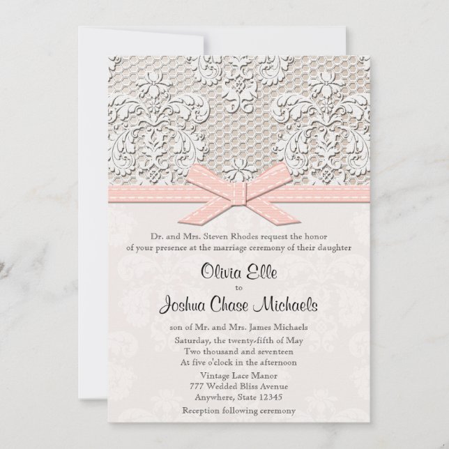 Pink Vintage Lace and Pearls Glamour Wedding Invitation (Front)