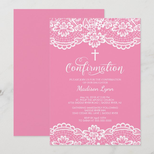Pink Vintage Lace Confirmation Invitation (Front/Back)