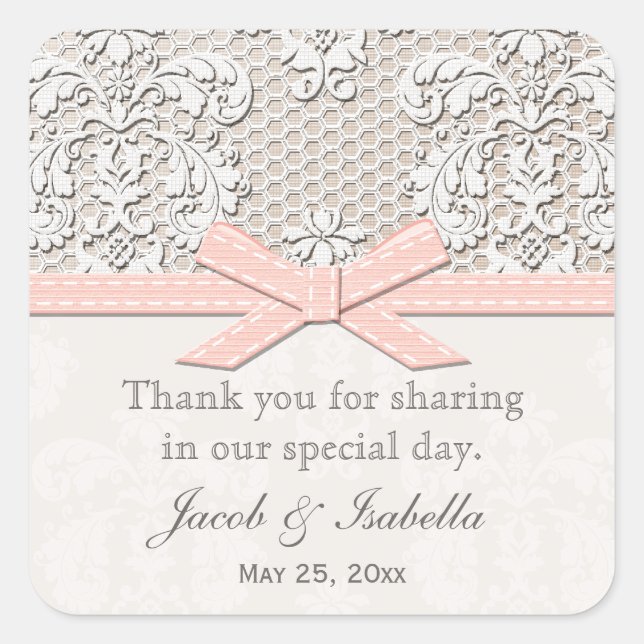 Pink Vintage Lace Wedding Favour Labels Stickers (Front)