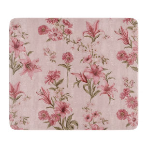 Pink Vintage Lillies Floral Cottagecore Cutting Board
