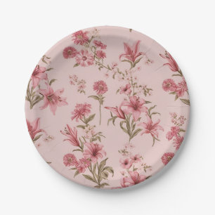 Pink Vintage Lillies Floral Cottagecore Paper Plate