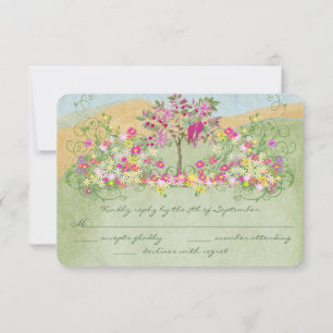 Pink Vintage Love Bird Flower Swirl Wedding RSVP Card