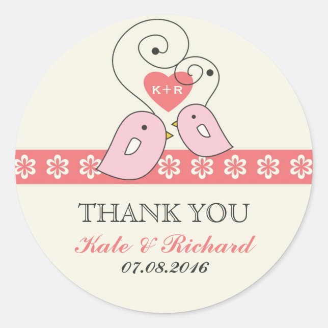 Pink Vintage Love Birds Wedding Favour Sticker (Front)