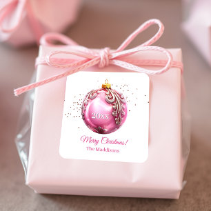 Pink Vintage Merry Christmas Ornament Custom Square Sticker