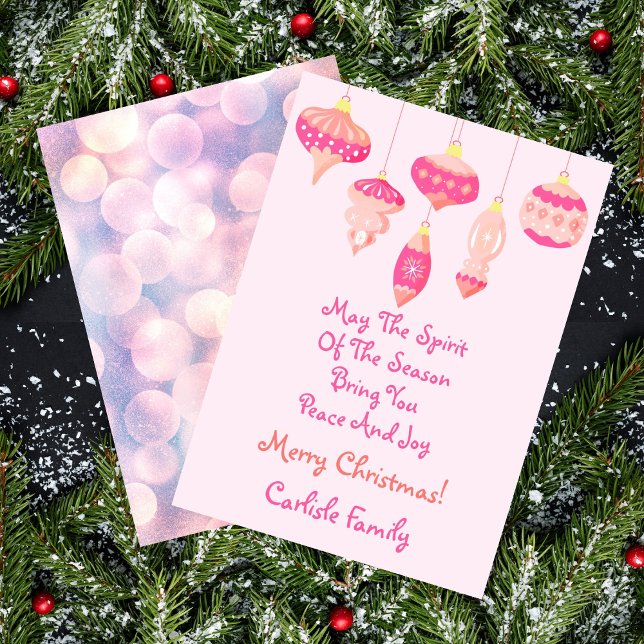 Pink Vintage Ornaments Merry Christmas Design Holiday Card (Spirit Of The Season Retro Pinks Ornaments Holiday Card)