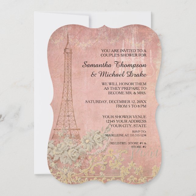 Pink Vintage Paris Parisian Stylish Couples Shower Invitation (Back)