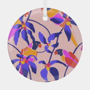 Pink Vintage Parrots: Exotic Seamless Illustration Glass Tree Decoration