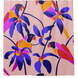Pink Vintage Parrots: Exotic Seamless Illustration Shower Curtain