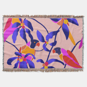 Pink Vintage Parrots: Exotic Seamless Illustration Throw Blanket