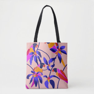 Pink Vintage Parrots: Exotic Seamless Illustration Tote Bag
