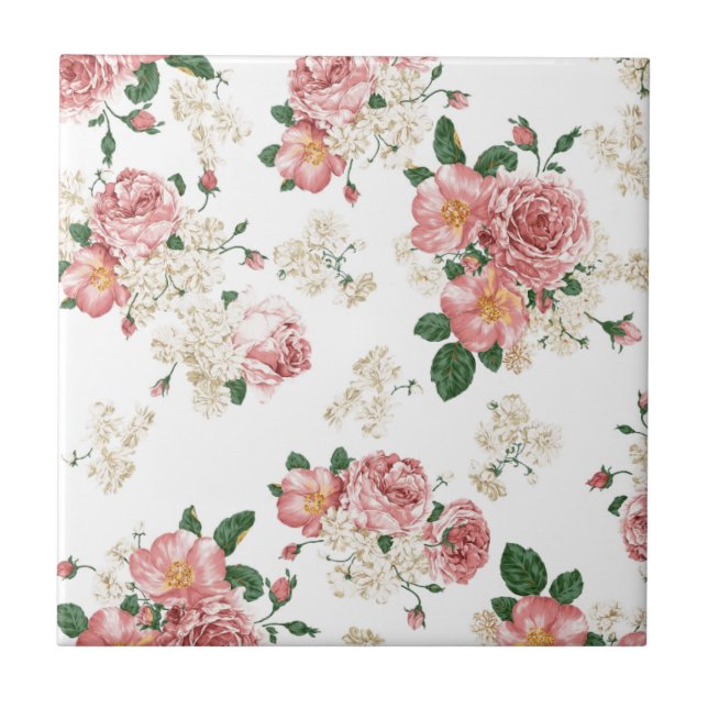 Pink Vintage Peony Flower Floral Pattern Tile (Front)