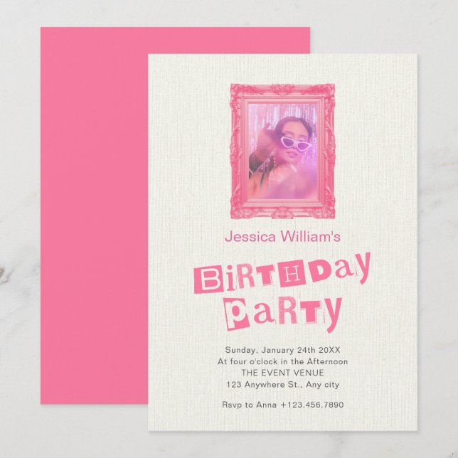 Pink vintage photo frame birthday  invitation (Front/Back)