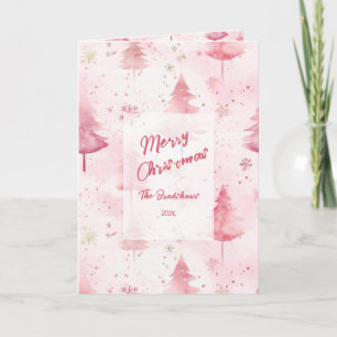 Pink Vintage Pine Trees Watercolor Christmas Card