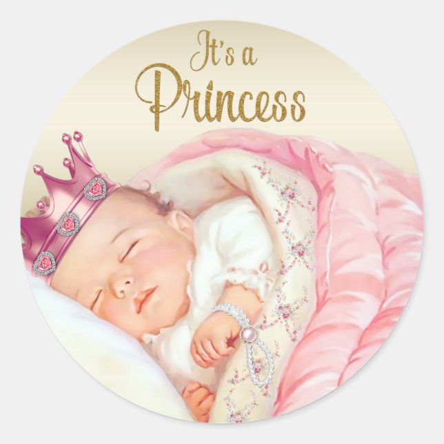 Pink Vintage Princess Baby Shower Classic Round Sticker (Front)