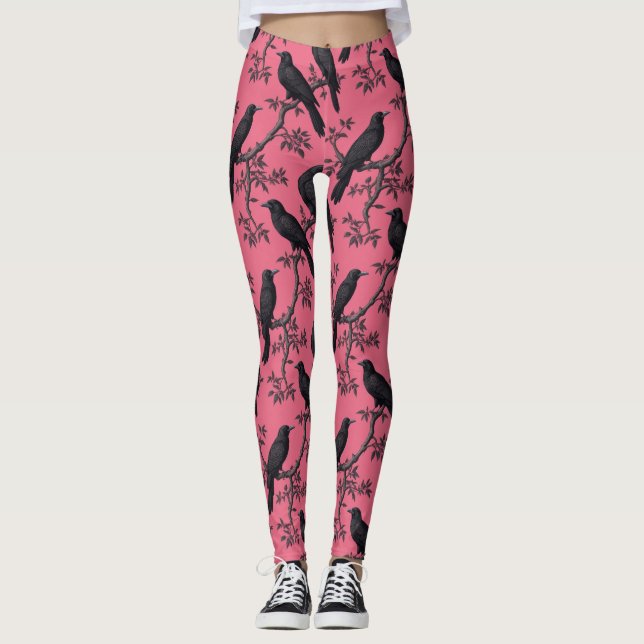 Pink Vintage Raven Birds Pattern Leggings (Front)