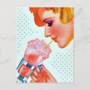 Pink Vintage Retro 1930's Girl Drinking Milkshake Postcard