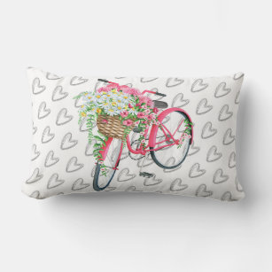 Pink Vintage Retro Bicycle Black Heart Pattern Lumbar Cushion