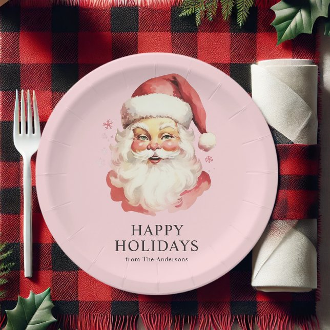 Pink Vintage Retro Santa Claus Christmas Paper Plate (Creator Uploaded)