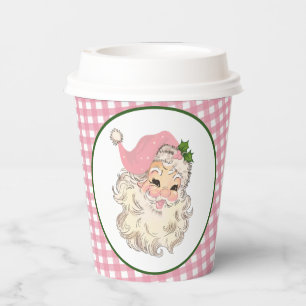 Pink Vintage Retro Santa with Pink Plaid Paper Cups