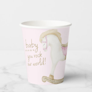 Pink Vintage Rocking Horse Cowgirl Baby Shower Paper Cups