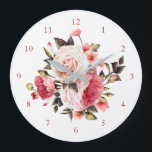Pink Vintage Rose Bouquet Large Clock<br><div class="desc">Glorious profusion of pink and white roses and posies with hunter green foliage. Font and colour used on numbers is editable.</div>