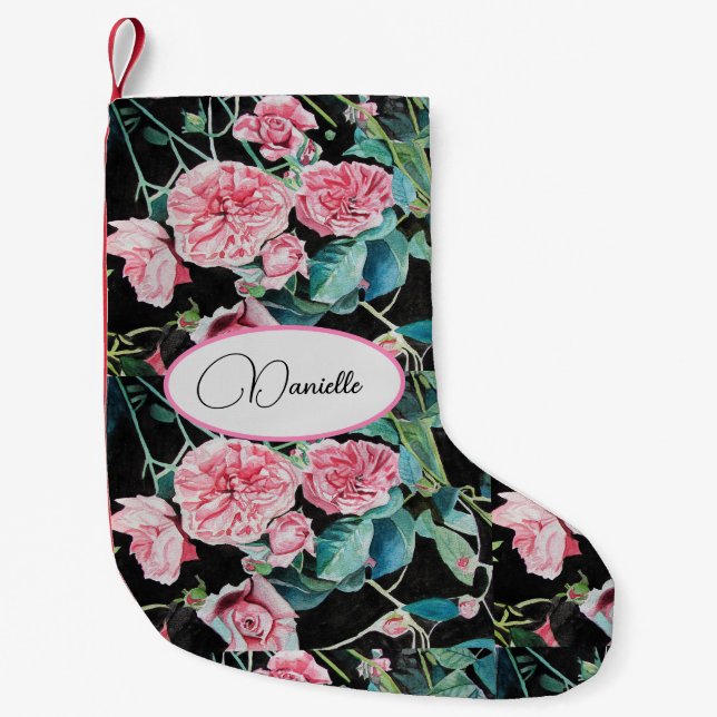 Pink Vintage Rose Flowers Floral Name Stocking (Front)