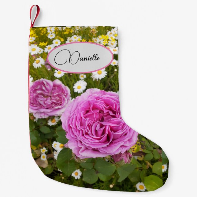 Pink Vintage Rose Flowers Floral Name Stocking (Front)