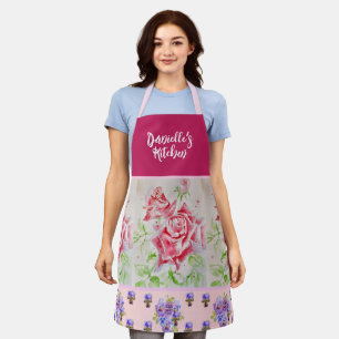 Pink Vintage Rose Roses Watercolor Customizable Apron
