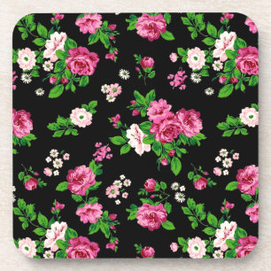 Pink Vintage Roses Black Background Coaster