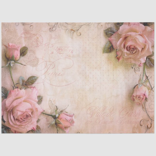 Pink Vintage Roses Decoupage Pattern Tissue Paper (Front)