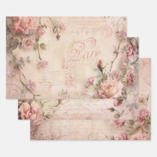 Pink Vintage Roses Decoupage Pattern Wrapping Paper Sheet